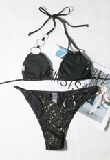 Traje de baño bikini asimétrico con cuello halter y aro anudado 