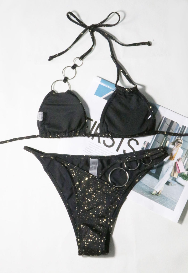 Traje de baño bikini asimétrico con cuello halter y aro anudado 