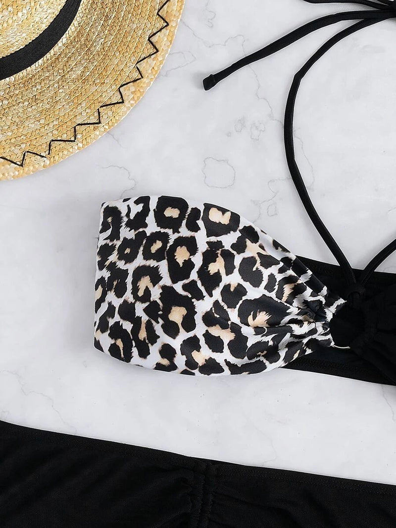 Maillot de bain 3 pièces dos nu en maille avec cordon de serrage léopard 
