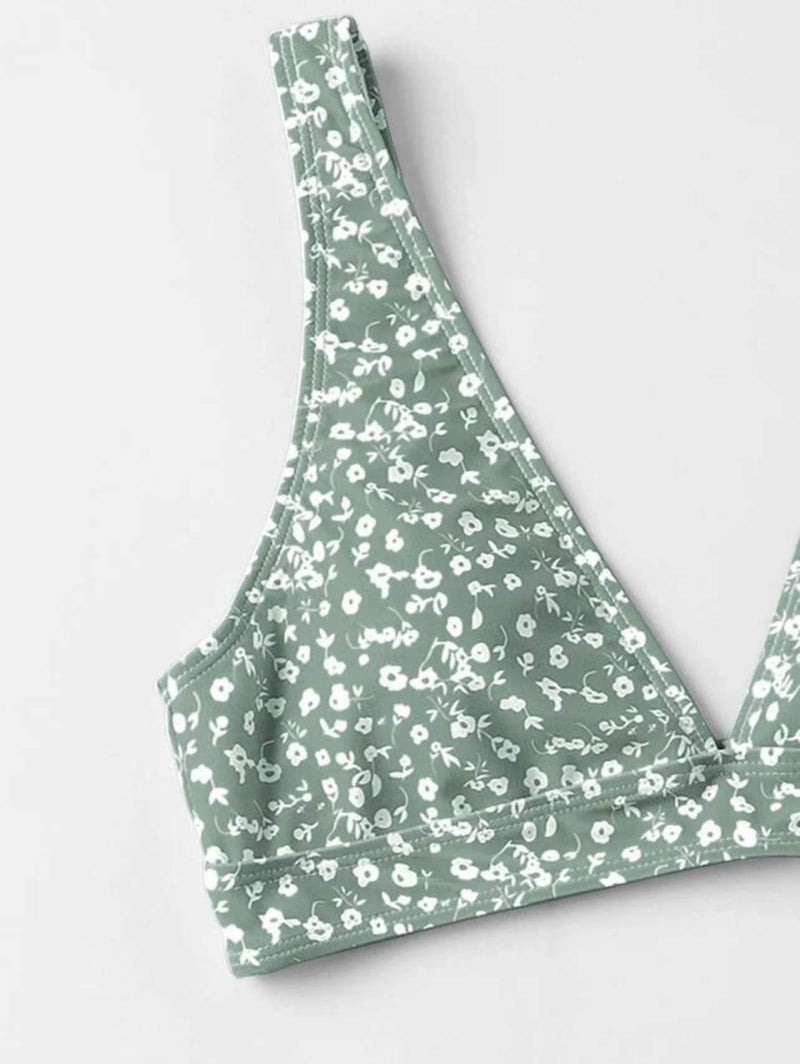 Maillot de bain bikini sans manches à col en V et motif floral 
