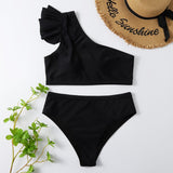 Maillot de bain bikini asymétrique à volants et découpes irrégulières et solides 