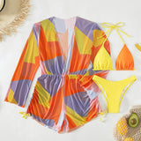 Traje de baño de 3 piezas con cuello halter, manga larga y cordón ajustable en contraste de malla 