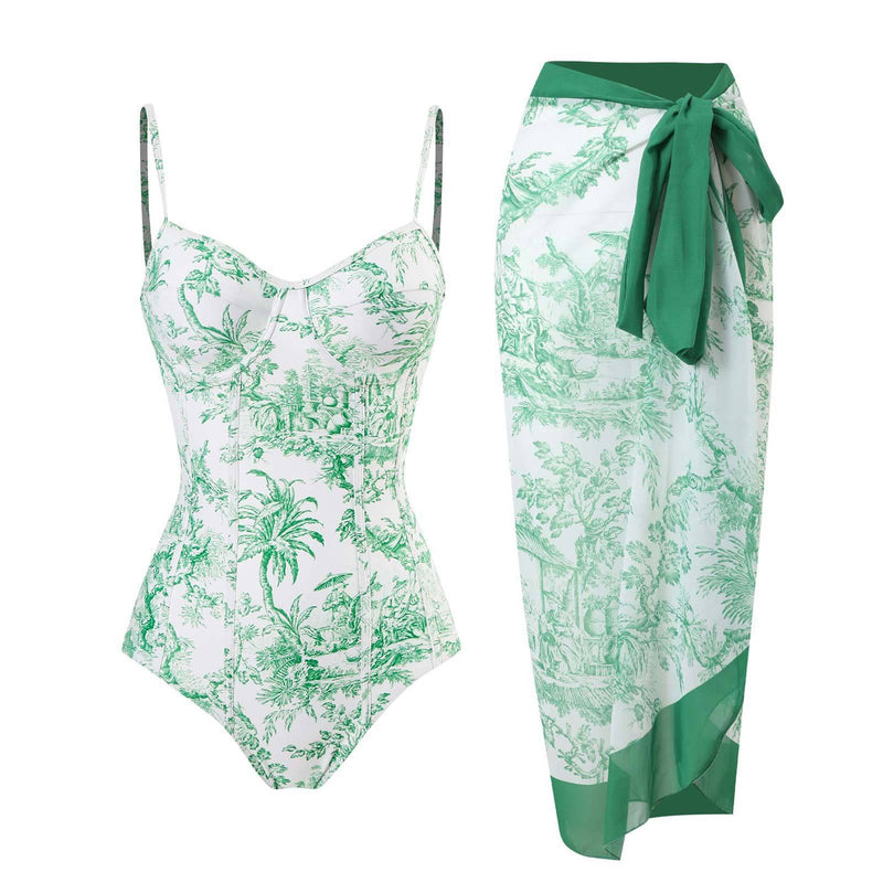 Maillot de bain une pièce à imprimé contrasté, col en V, dos nu, avec jupe de plage 