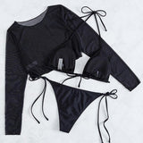 Traje de baño de 3 piezas de malla con cuello halter y mangas largas, liso 