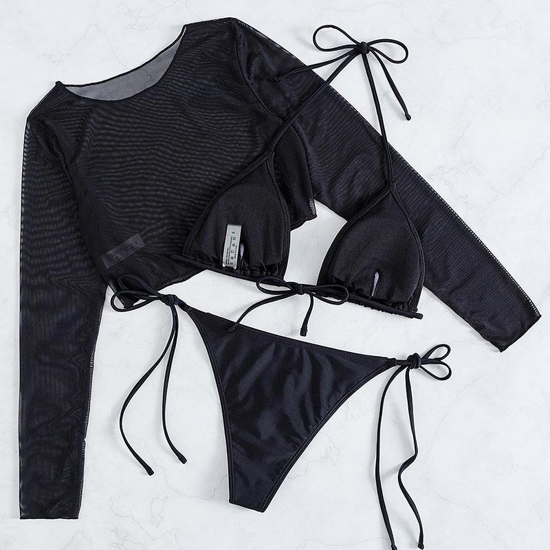 Traje de baño de 3 piezas de malla con cuello halter y mangas largas, liso 