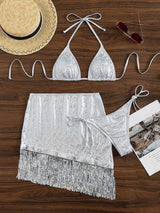 Maillot de bain 3 pièces à nouer avec pompons métalliques unis 