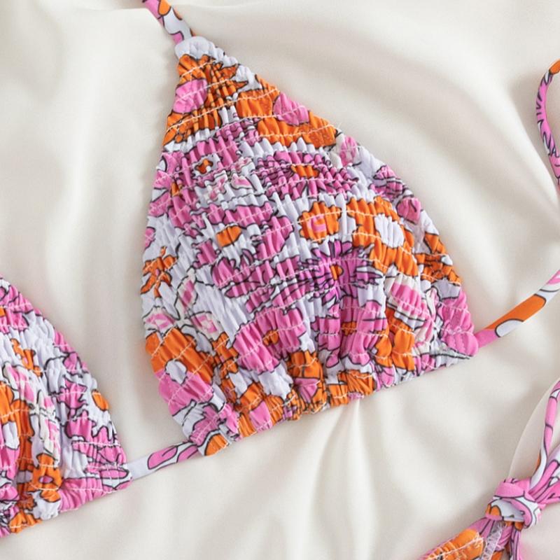 Maillot de bain bikini à nouer et à motif floral contrasté et licou froncé 
