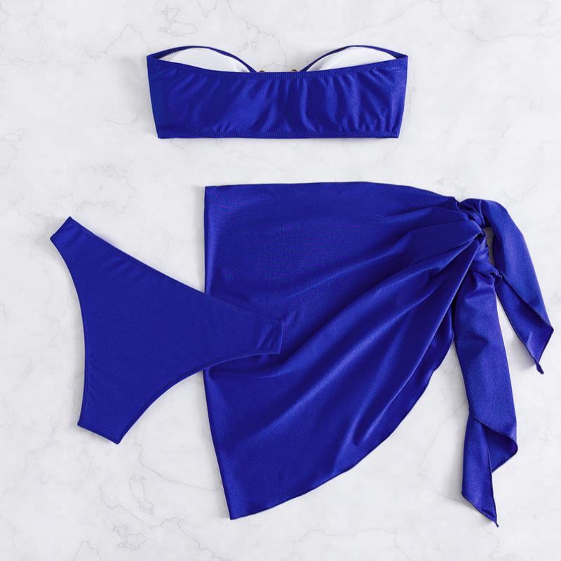 Maillot de bain 3 pièces tube noué dos nu avec anneau en O solide 