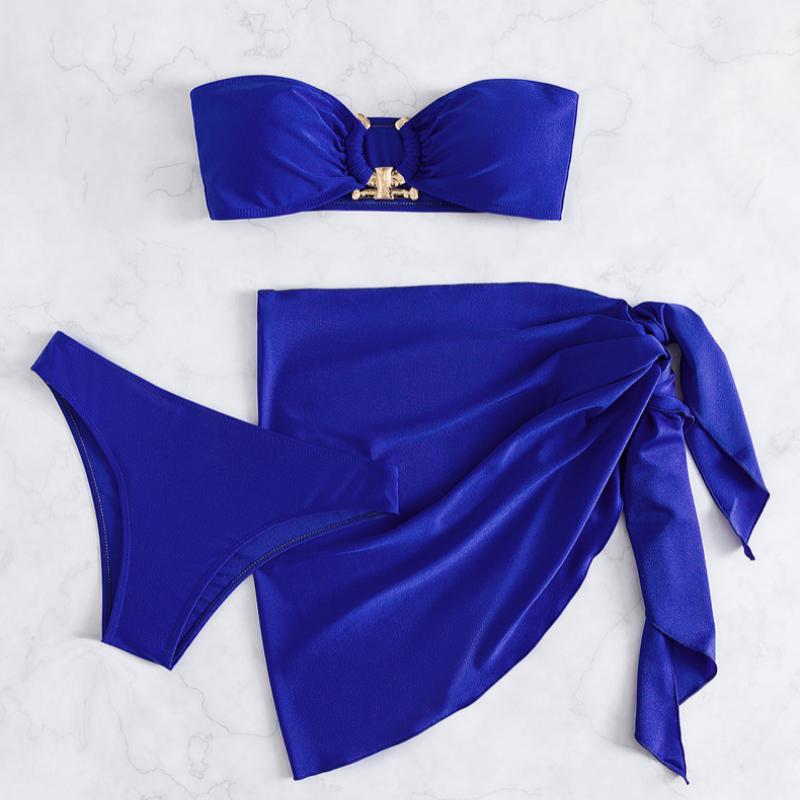 Maillot de bain 3 pièces tube noué dos nu avec anneau en O solide 