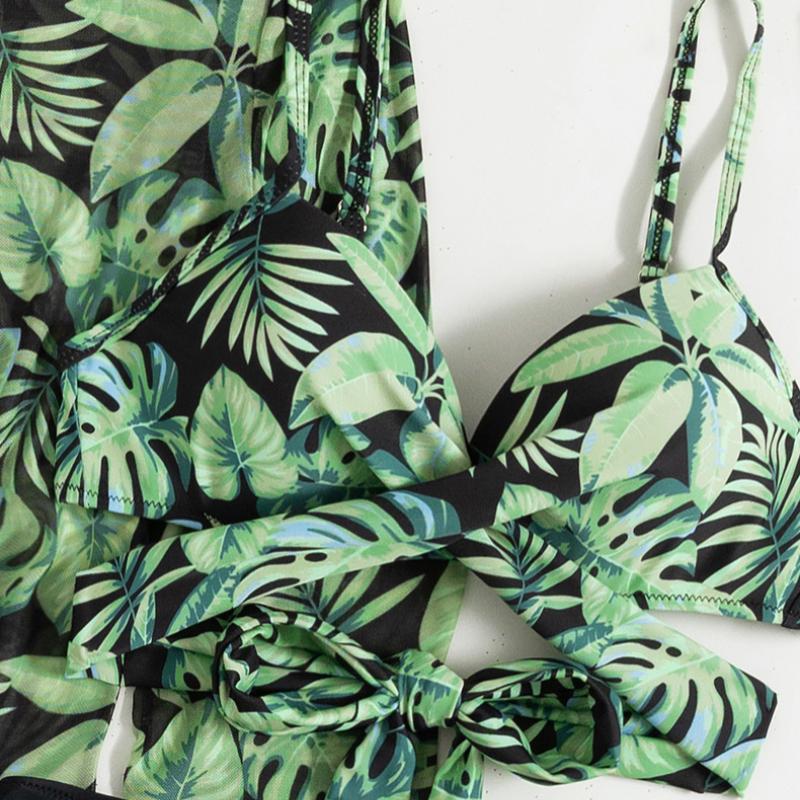 Maillot de bain 3 pièces à volants contrastés et croisés sur le devant 