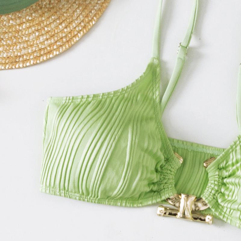 Maillot de bain 3 pièces froncé en maille texturée unie 