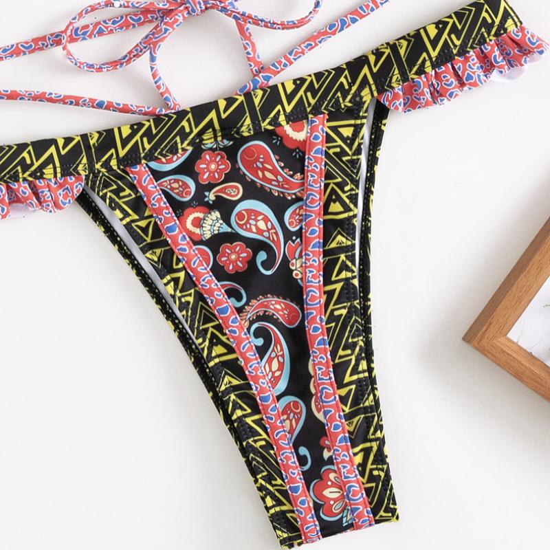 Traje de baño bikini con espalda descubierta, fruncido y lazo en contraste 