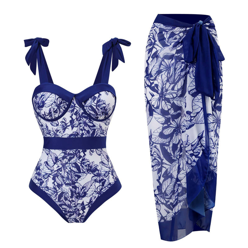 Maillot de bain une pièce à imprimé contrasté, col en cœur, à nouer soi-même, avec jupe de plage 